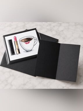 CHANEL Black Greeting Card with Pink Lipstick and White Coffee Cup Illustration